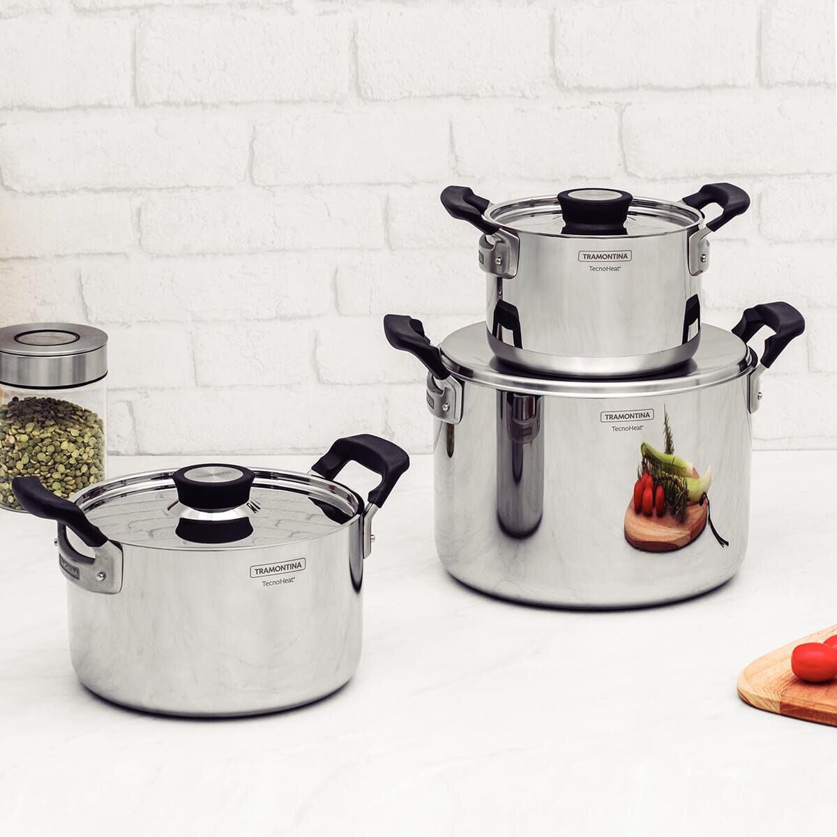 Tramontina Grano Compact 3 Piece Tri-Ply Stainless Steel Cookware Set - Silicone Handles - 65240200