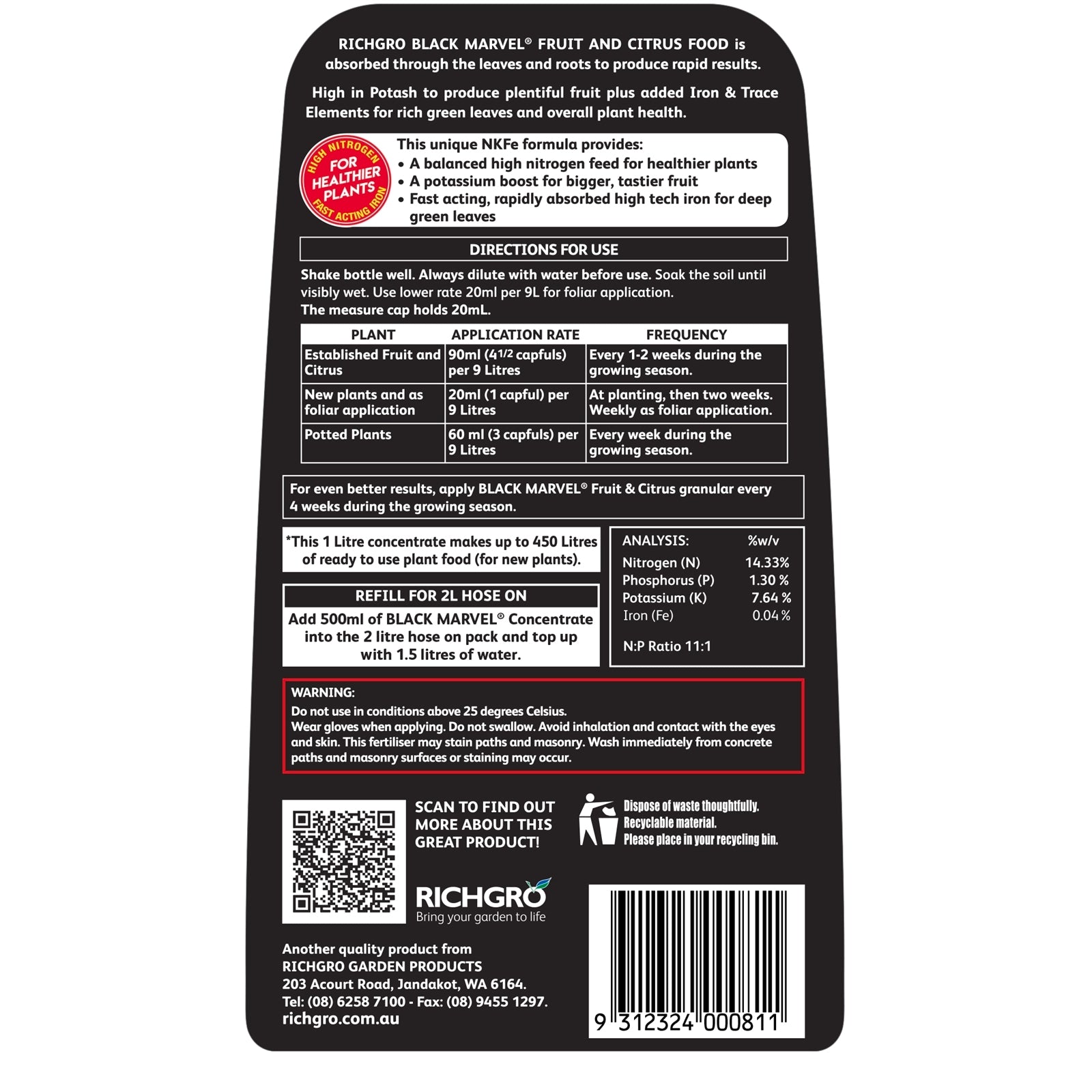 Richgro Black Marvel 1L Fruit & Citrus Food Concentrate Liquid Fertiliser