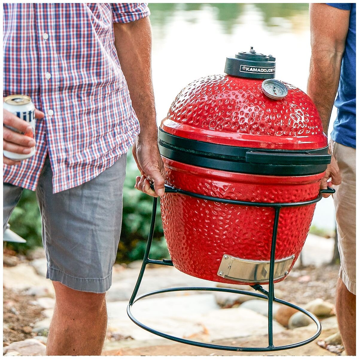 Kamado Joe Joe Jr. Portable Kamado Grill - Red, Cast Iron Stand, Temperature Gauge - KJ13RH