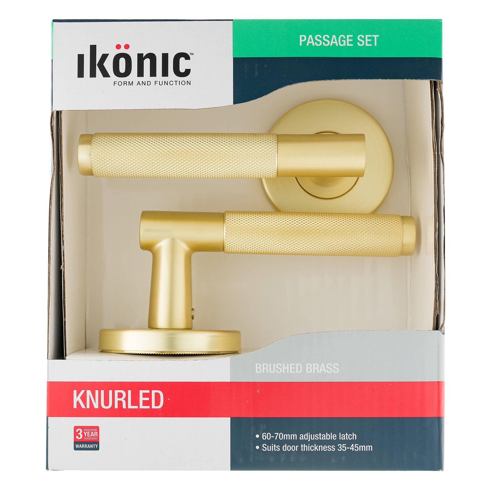 Ikonic Knurled Passage Lever Set Brushed Brass, Zinc Construction, for Hallway & Living Area Doors
