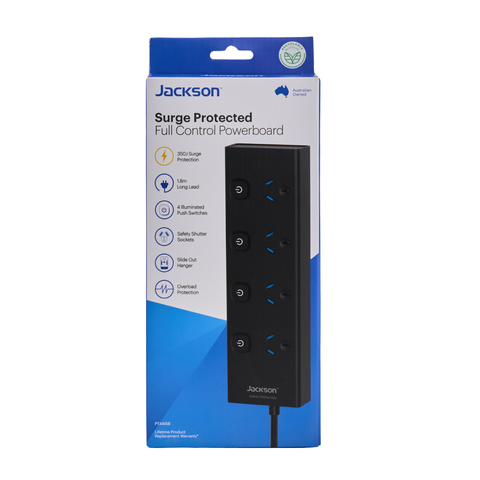 Jackson 4 Outlet Powerboard 4 Individual Switches Surge Overload 1.8m Black PT44ISB