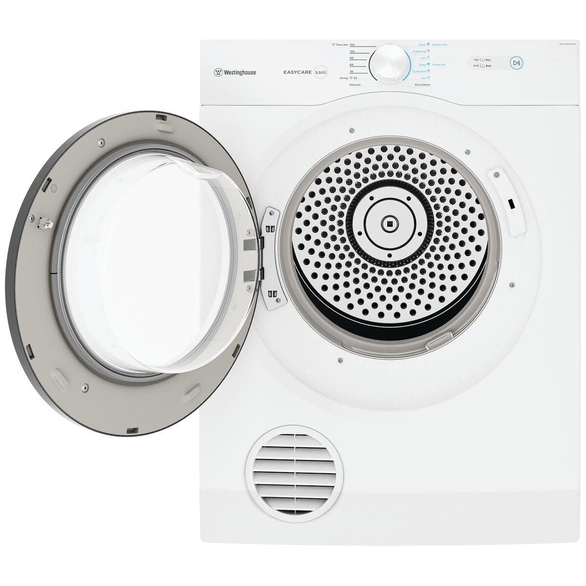 Westinghouse 5.5kg Vented Dryer - Sensor Dry, Reverse Tumble, Stainless Steel Drum - WDV556N3WB