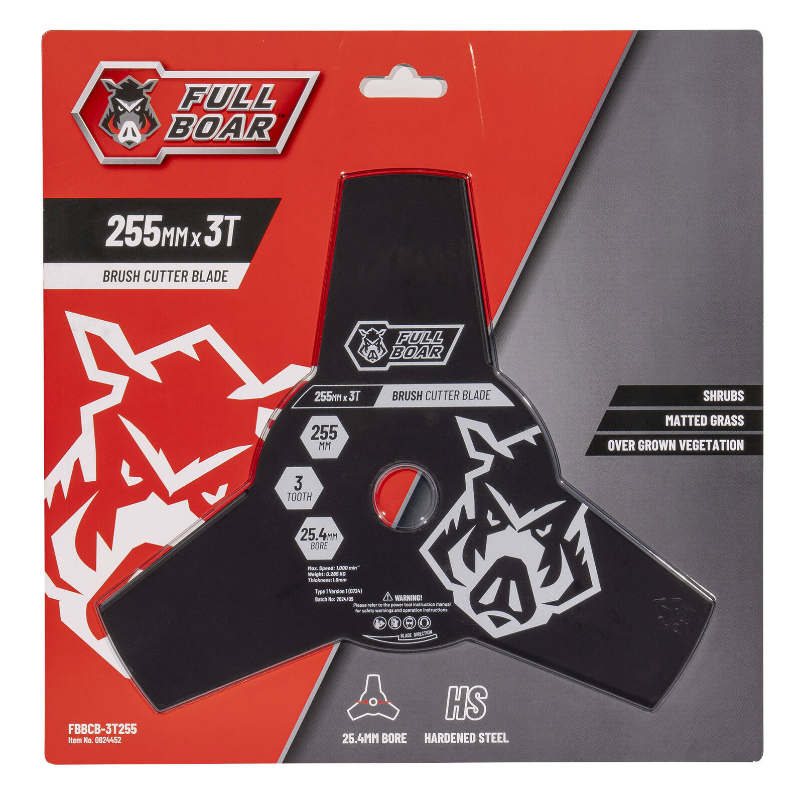 Full Boar 255mm x 3T Hardened Steel Brush Cutter Blade - 3-Tooth, 25.4mm Bore