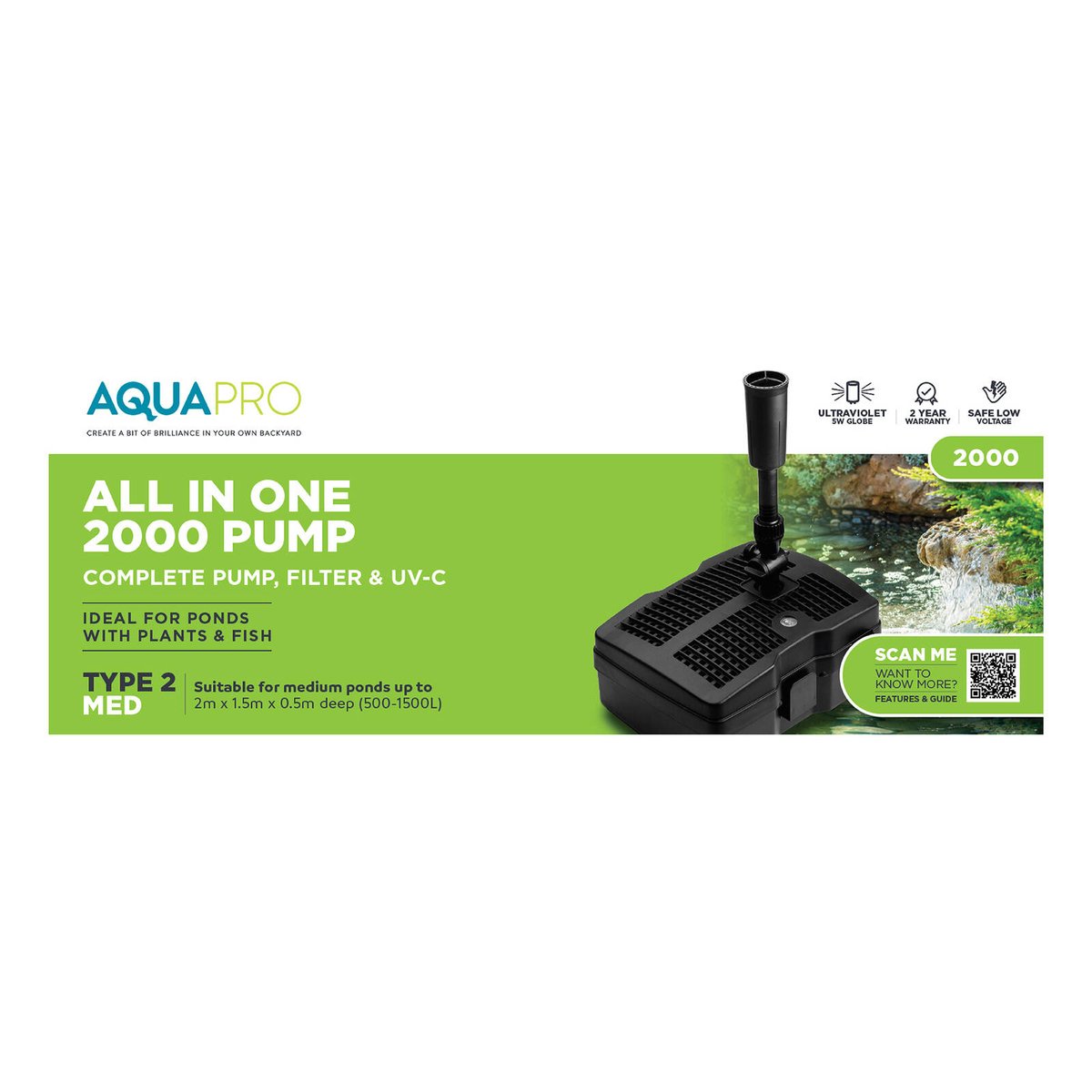 Aquapro 2000 All-In-One Pump & UVC Filter System 72W Submersible, 19mm Tubing