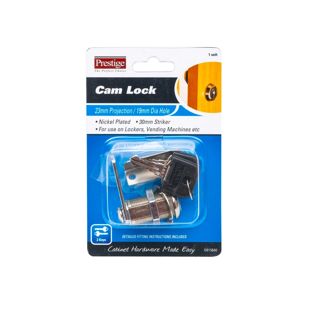 Prestige 23mm Cam Lock Nickel Plated Brass/Steel - 2 Keys