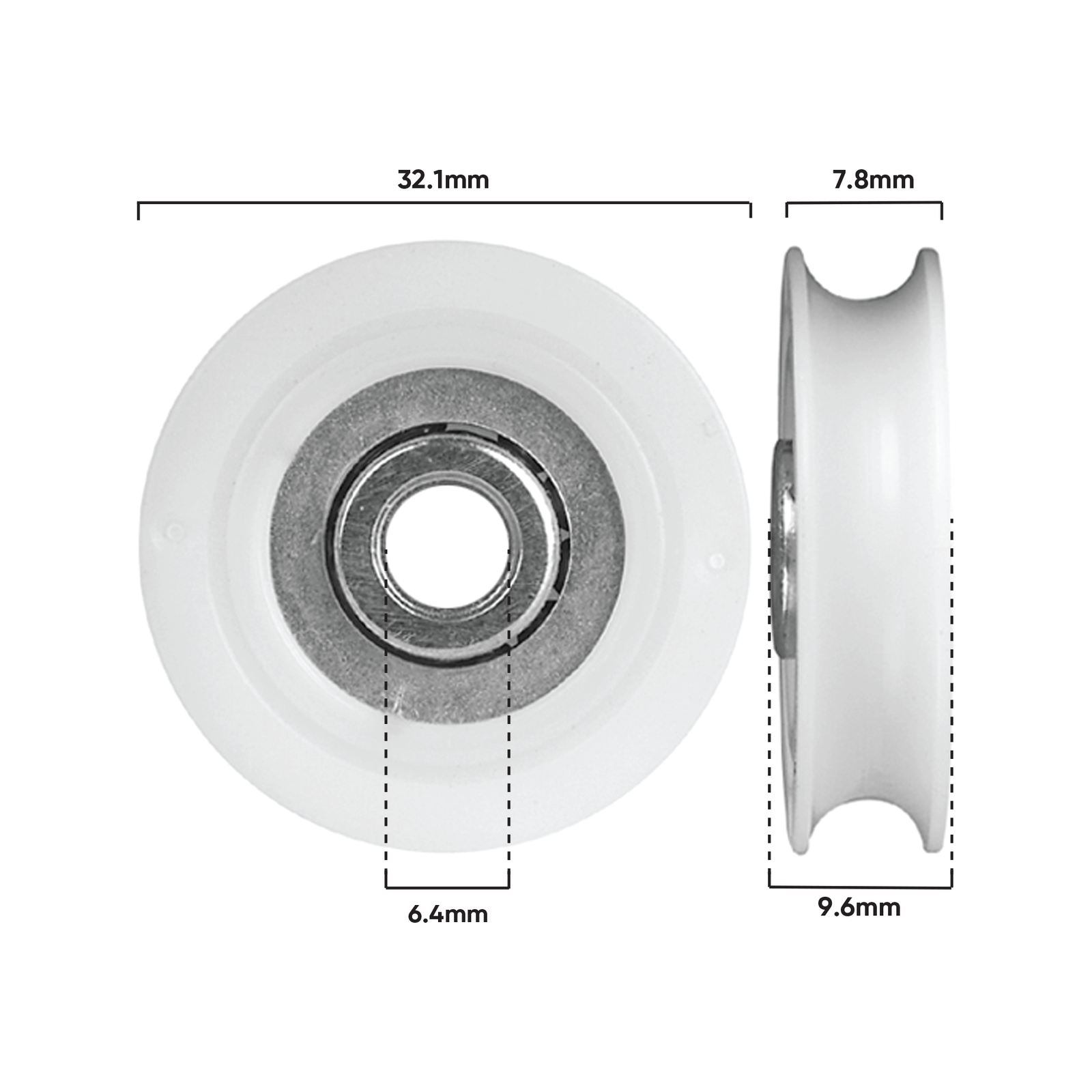 Rolltrak 32mm White Acetal Concave Roller, Patio Door