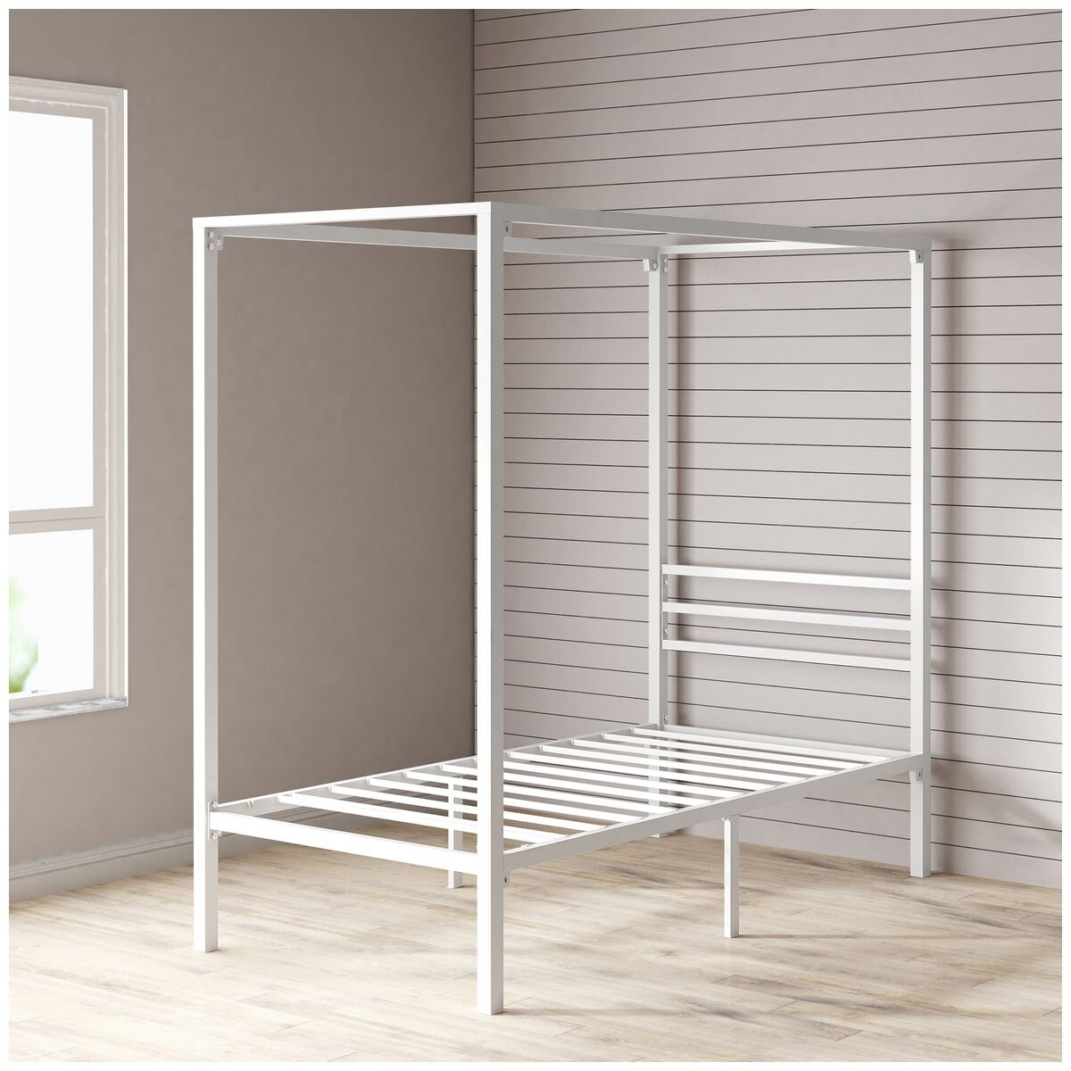 Zinus Patricia King Single Metal Canopy Bed Frame - White Steel Frame, 5 Year Warranty - AU-FBMCW1ZC-14B