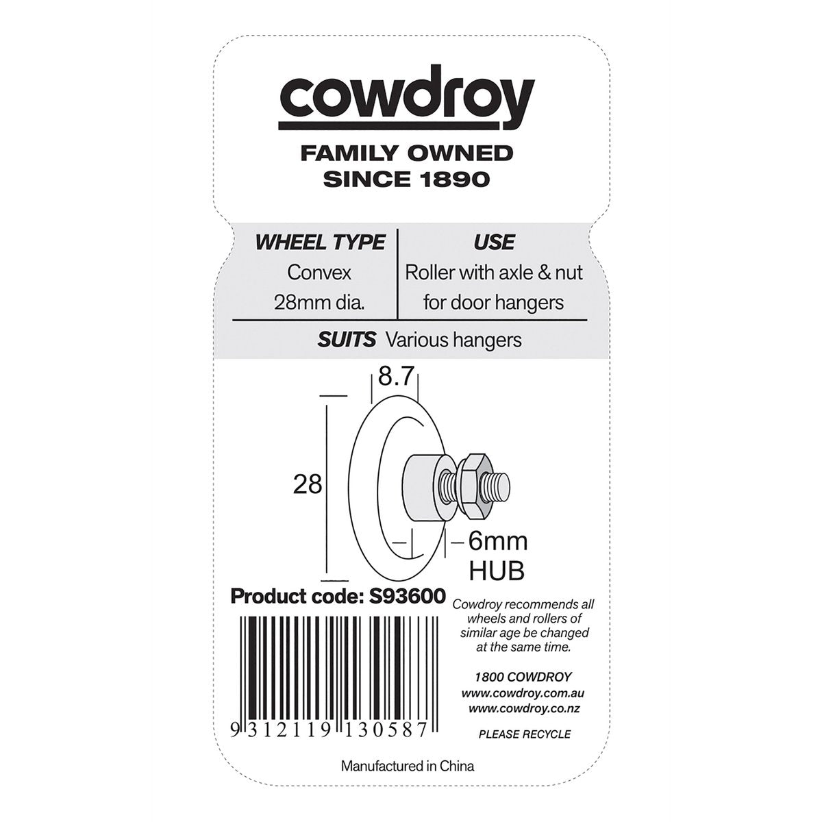 Cowdroy 8mm White Nylon Sliding Door Track Axle Wheels - 2 Pack