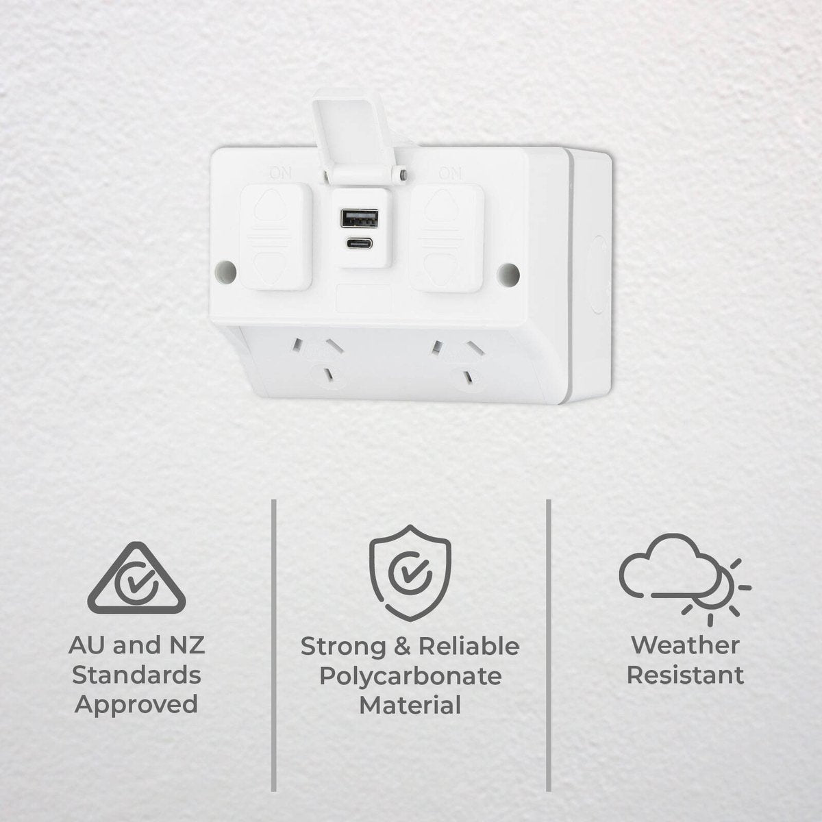 Deta Outdoor Double Power Point - IP54 - 2 Sockets - 3.4A USB - 115mm x 85mm x 83mm - SuperSaverAU - view 2