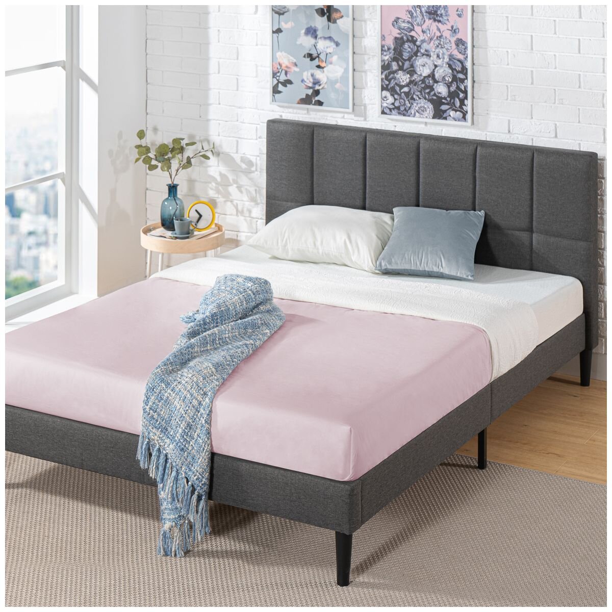 Zinus Leo Fabric Bed Frame Queen - Dark Grey, Foam Padded Headboard, Wooden Slats - AU-FSPBO-Q