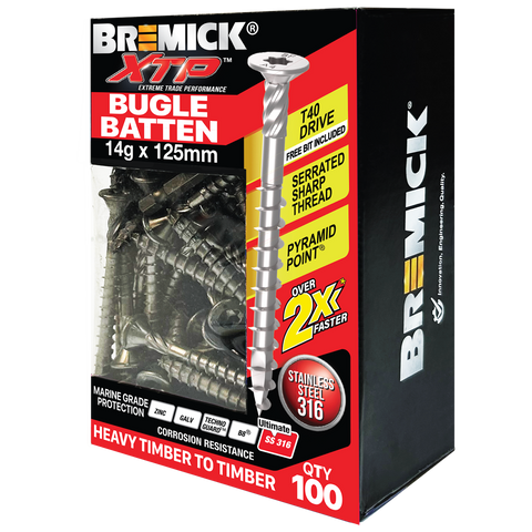 Bremick XTP 14g x 125mm Stainless Steel 316 T40 Bugle Batten Screws 100 Pack