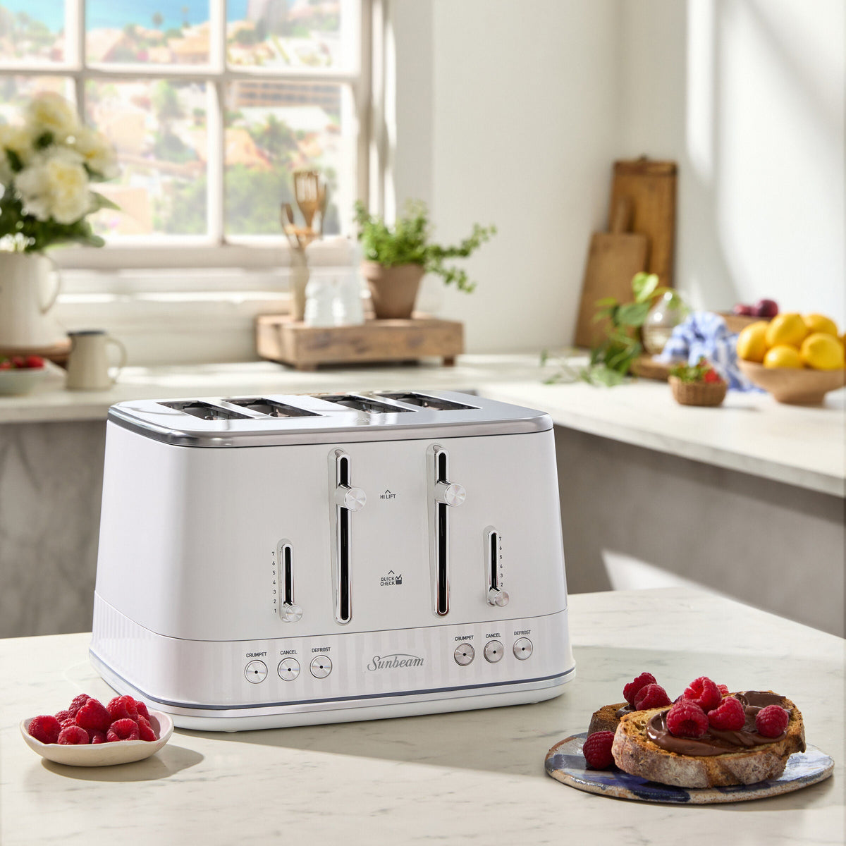 Sunbeam 4 slice toaster - white with silver accents, seven browning levels, high lift lever - TAM8104WH