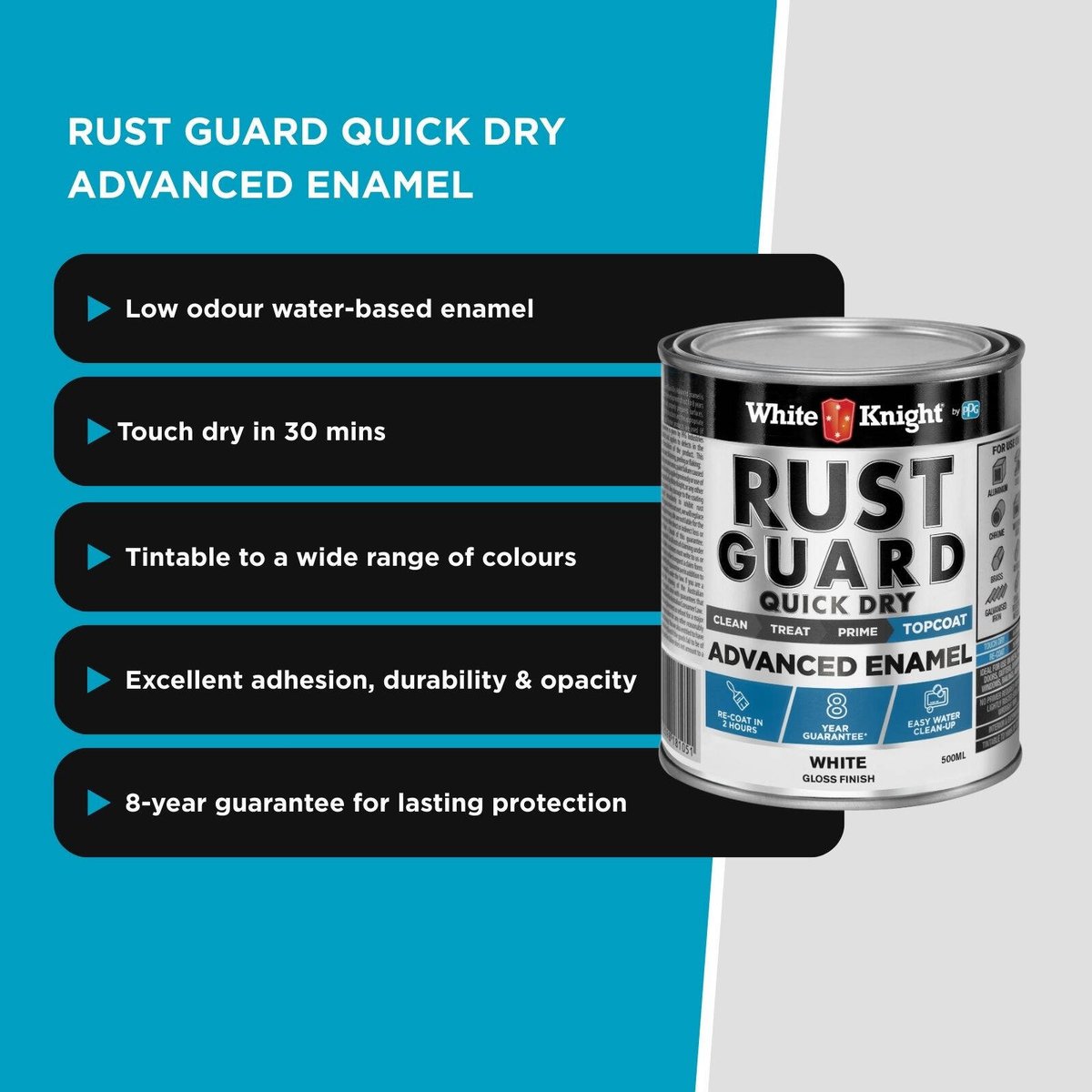 White Knight Rust Guard 500ml White Gloss Quick Dry Advanced Enamel Paint