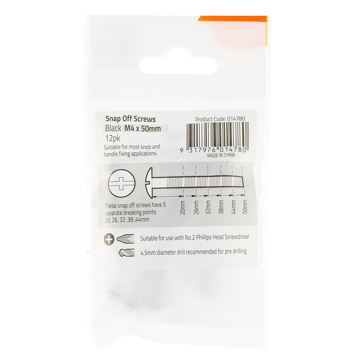 Taskmaster M4 x 50mm Black Zinc Snap Off Screw - 12 Pack