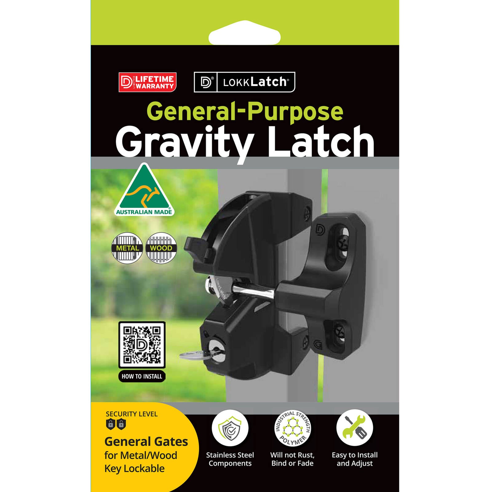LokkLatch General Purpose Gate Latch, Black, Key Lockable, Exterior