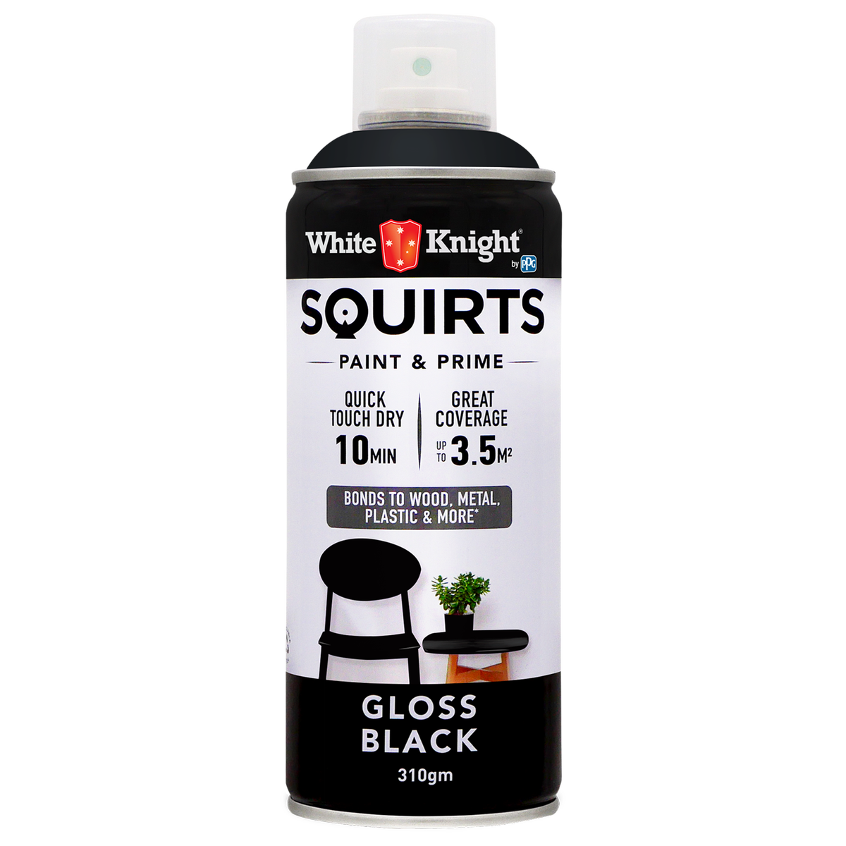 White Knight Squirts Black Gloss Spray Paint 310g Solvent Based Durable - SuperSaverAU - view 1