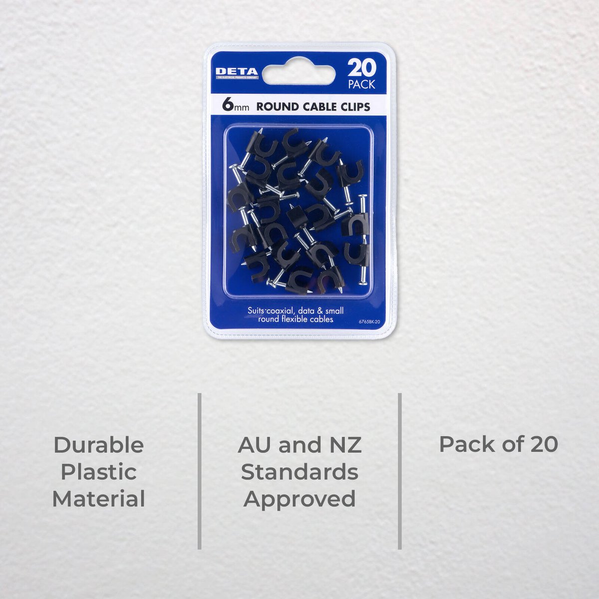 DETA 6mm Black Round Cable Clips - 20 Pack