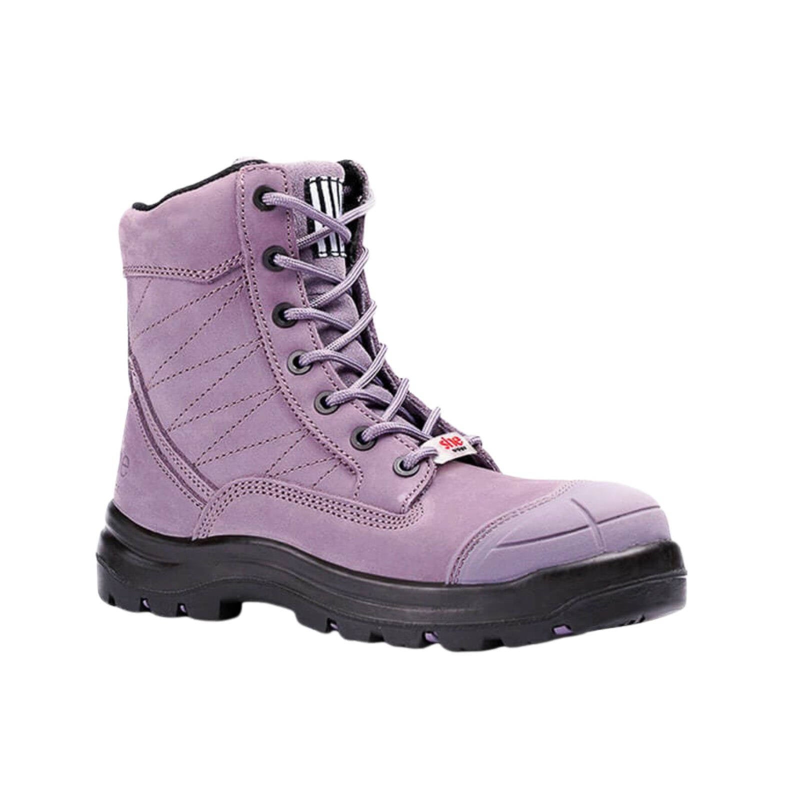 she wear Achieves Women's Safety Work Boots, Zip, Nubuck Leather, Composite Toe, Purple Size 8