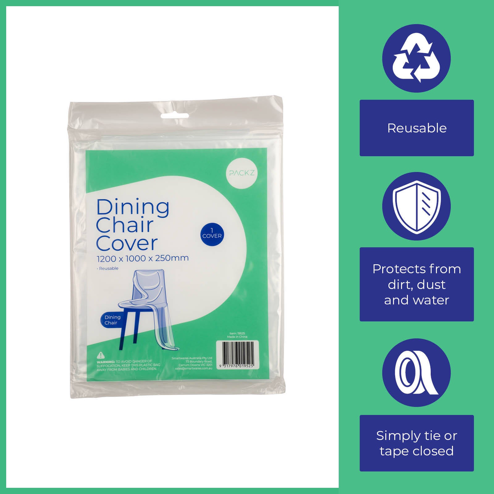 Packz Clear Plastic Dining Chair Cover 1200 x 1000 x 250mm