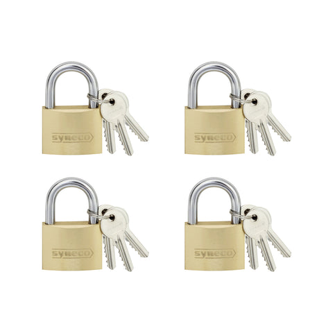 Syneco 40mm Brass Padlocks - 4 Pack, Shrouded Shackle, Keyed Alike