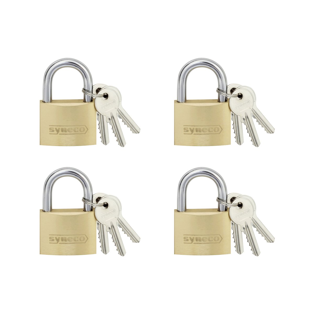 Syneco 40mm Brass Padlocks - 4 Pack, Shrouded Shackle, Keyed Alike
