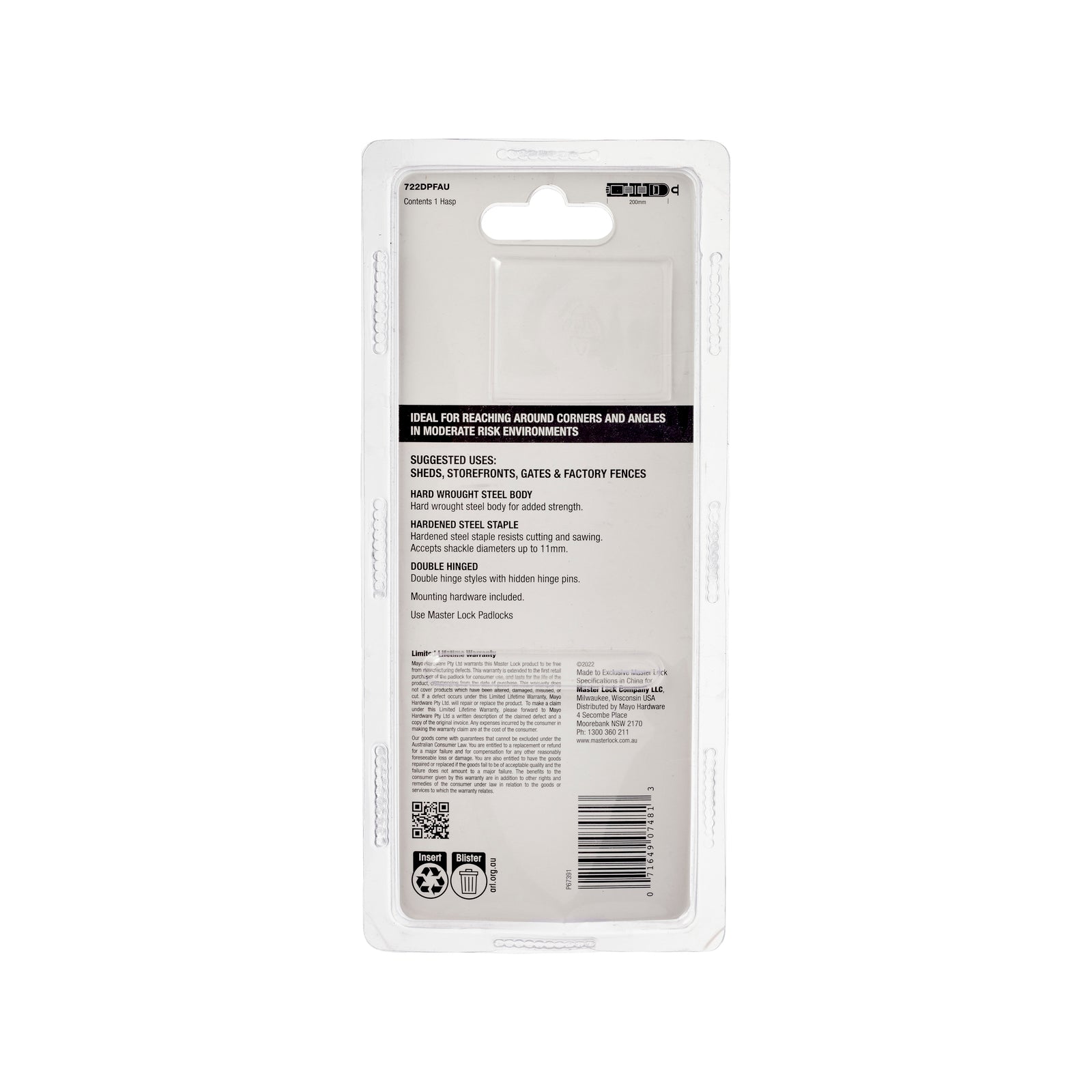 Master Lock 200mm Double Hinged Hasp and Staple