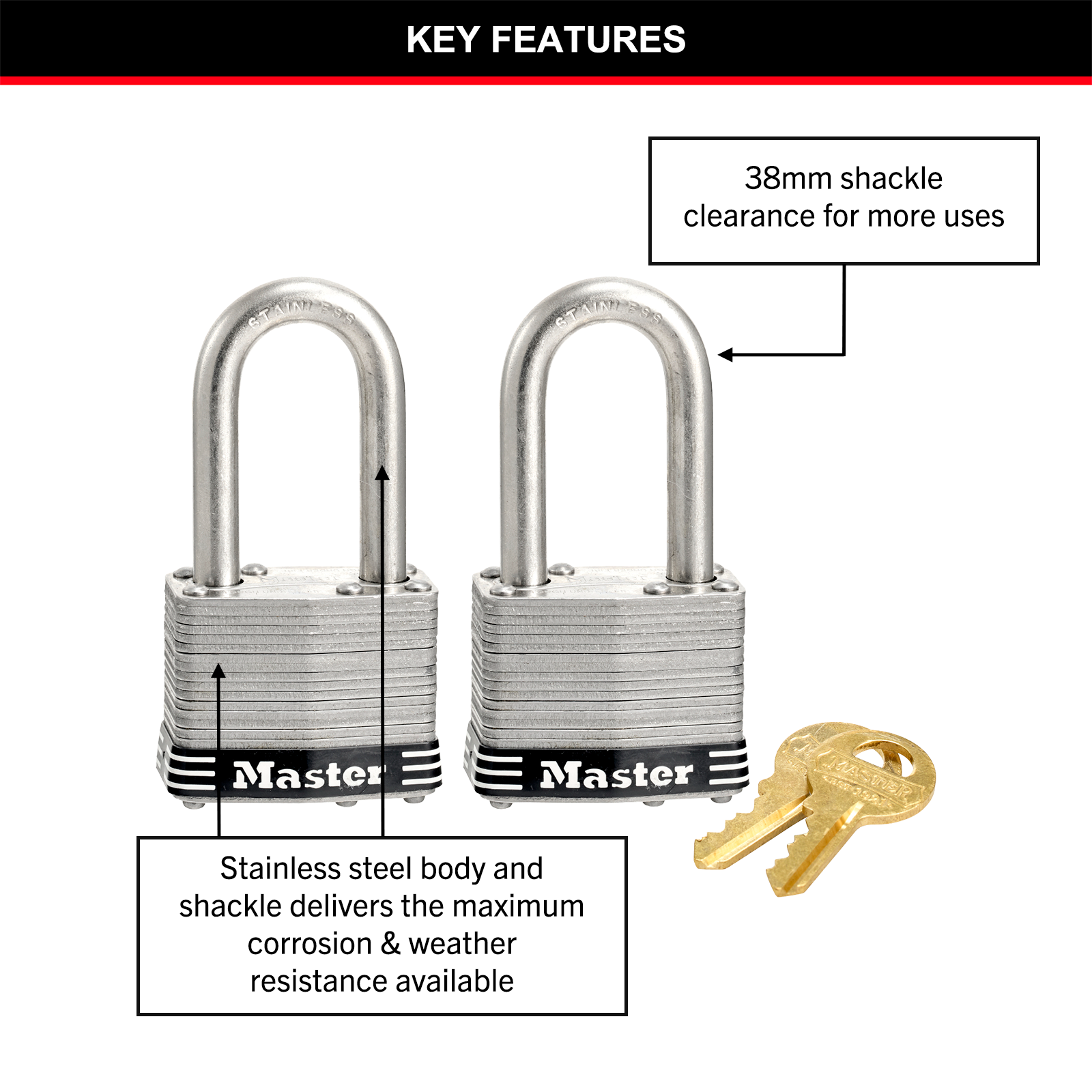 Master Lock 44mm Laminated Stainless Steel Padlock with Pin Cylinder - 2 Pack