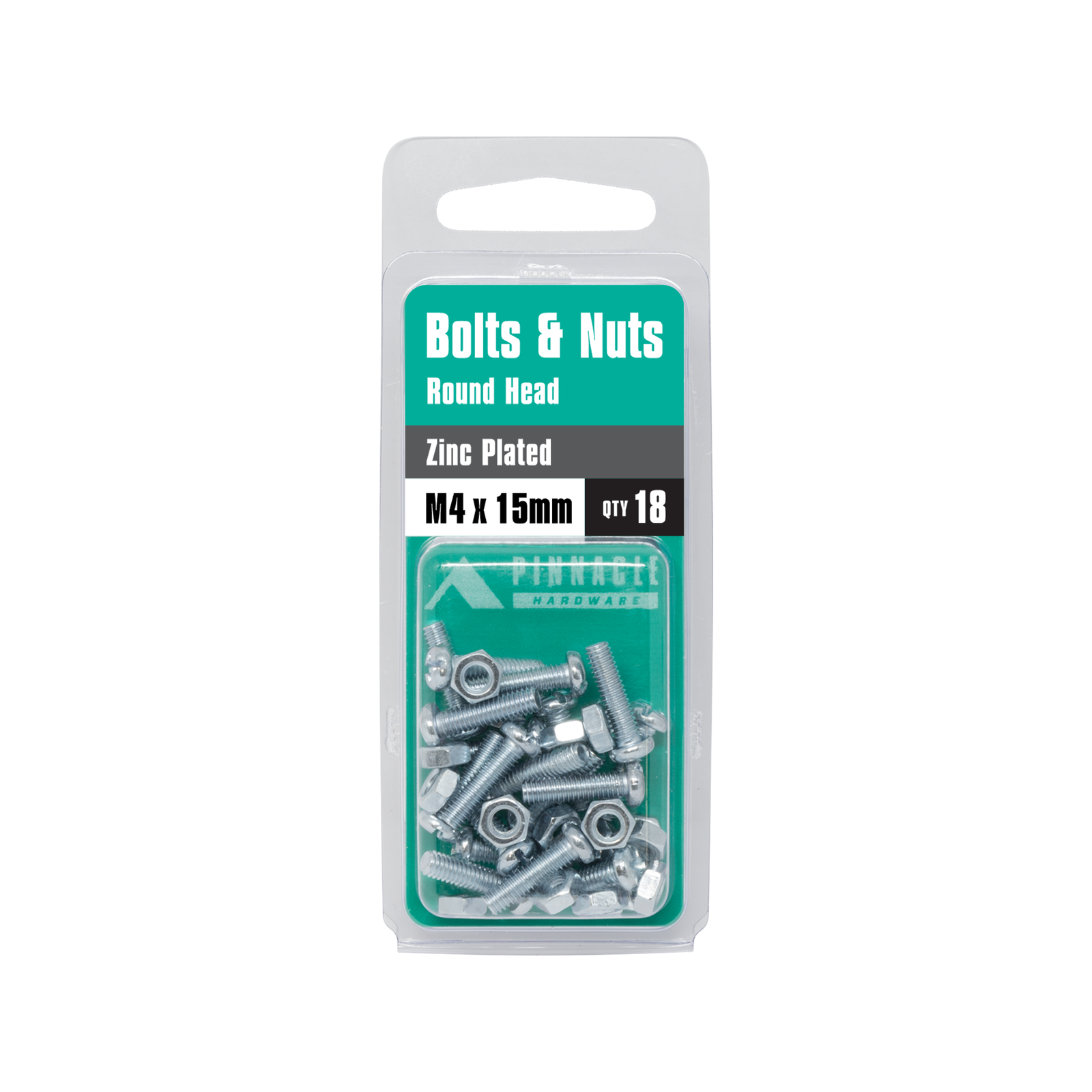 Pinnacle M4 x 15mm Zinc Plated Round Head Bolts and Nuts - 18 Pack