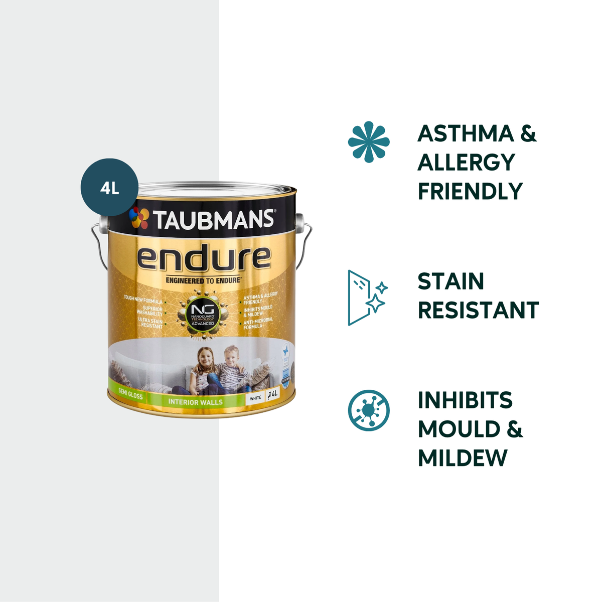 Taubmans 4L White Semi Gloss Endure Interior Walls Paint - Durable - Stain Resistant - 4L - SuperSaverAU - view 2