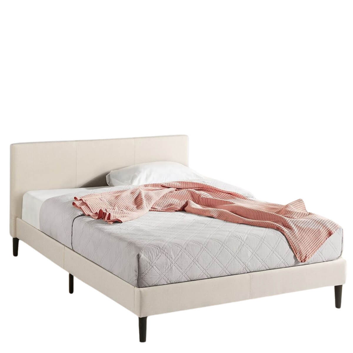 Zinus Double Upholstered Fabric Bed Base - Beige, Padded Headboard, Slatted Base, 250kg - AU-FPPPBG-12D