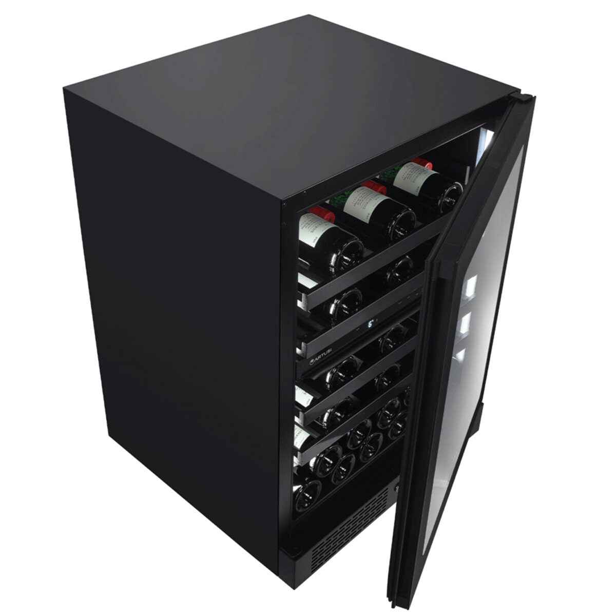 Artusi 37 bottle dual zone wine cellar - matte black, UV protected glass door, reversible hinge - AWC37BV
