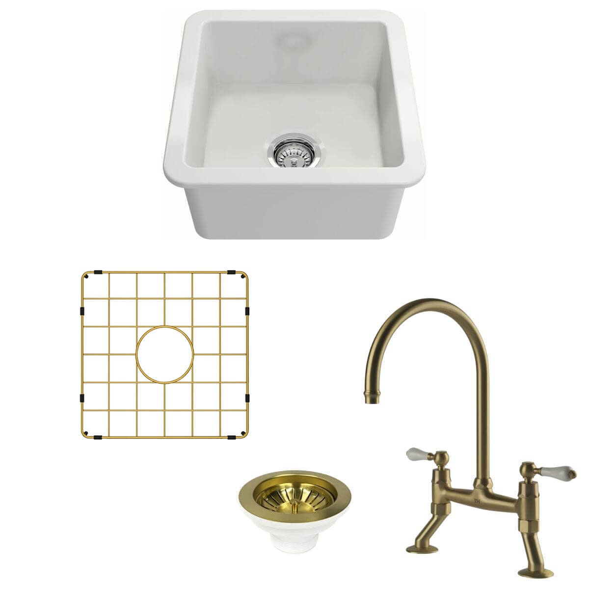 Turner Hastings Cuisine 46 Butler Sink Pack - Brushed Brass Ludlow Bridge Mixer Tap - Gloss White - PKG044