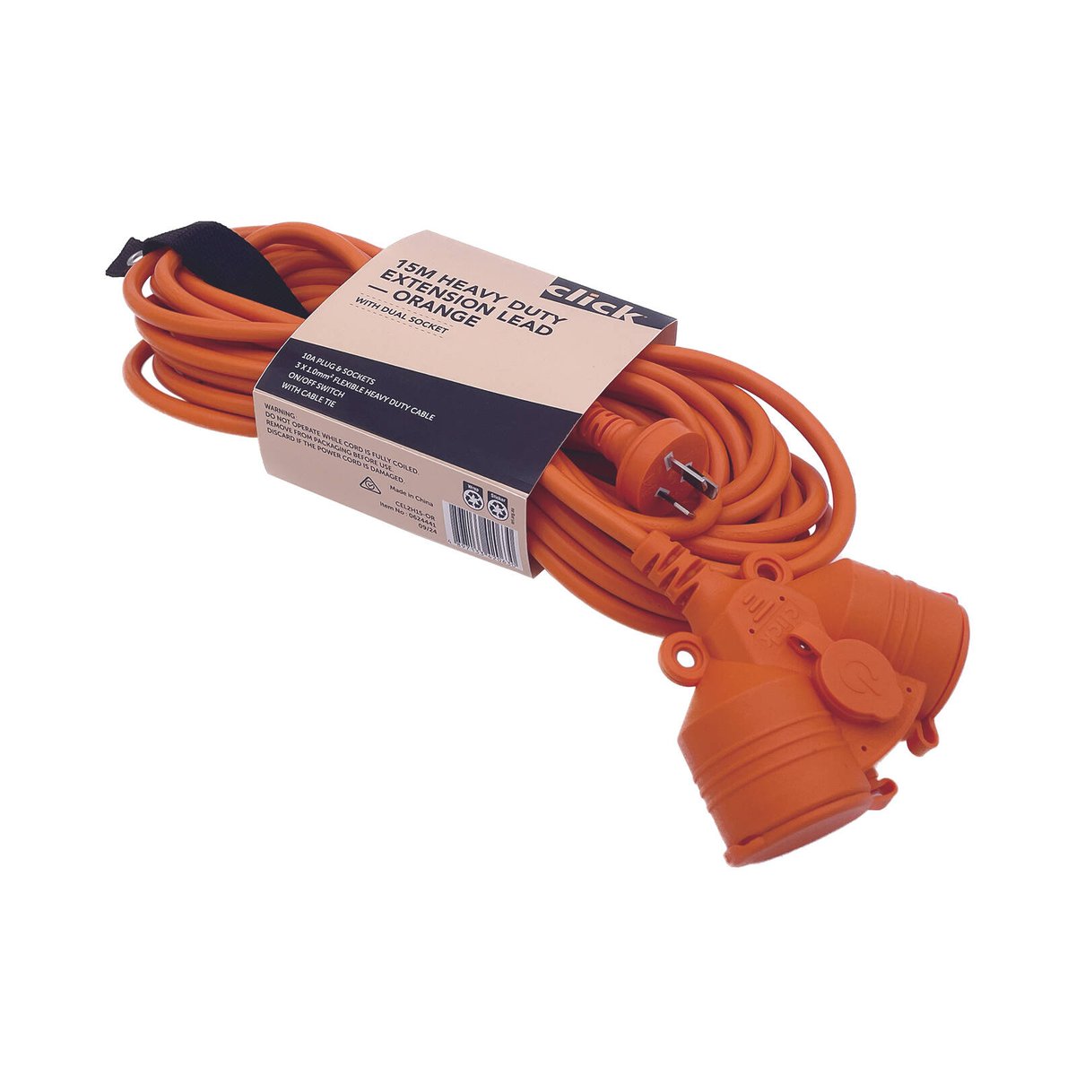 Click 15m Orange Heavy Duty Extension Lead with Dual Socket 10A 2400W