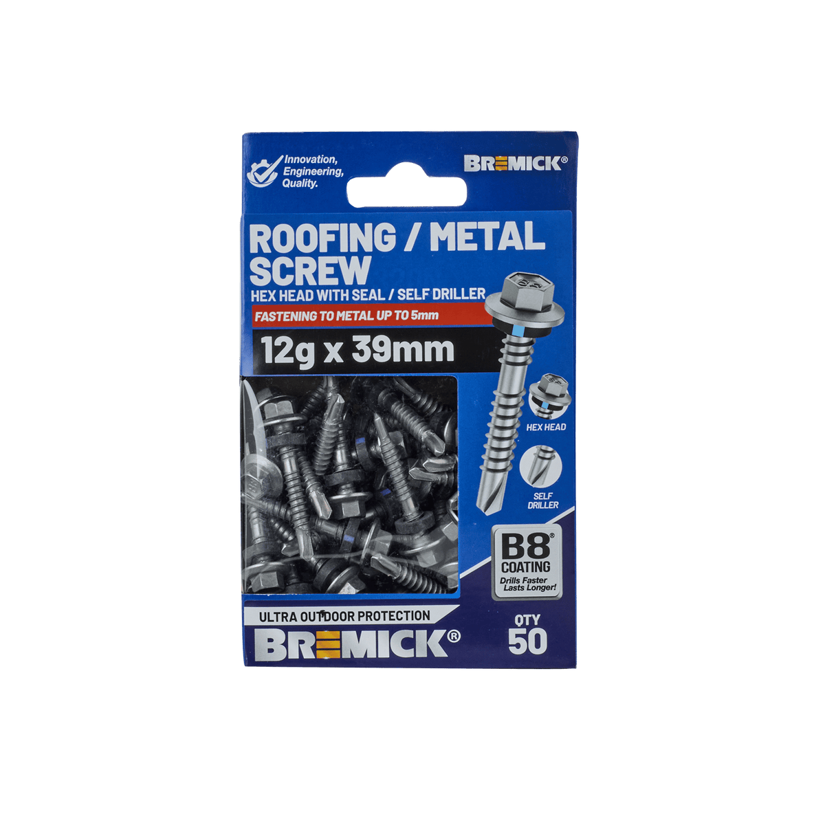 Bremick 12g x 39mm Hex Roofing Screw, Carbon Steel B8 Coating, Sealed Head Drill Point - 50 Pack
