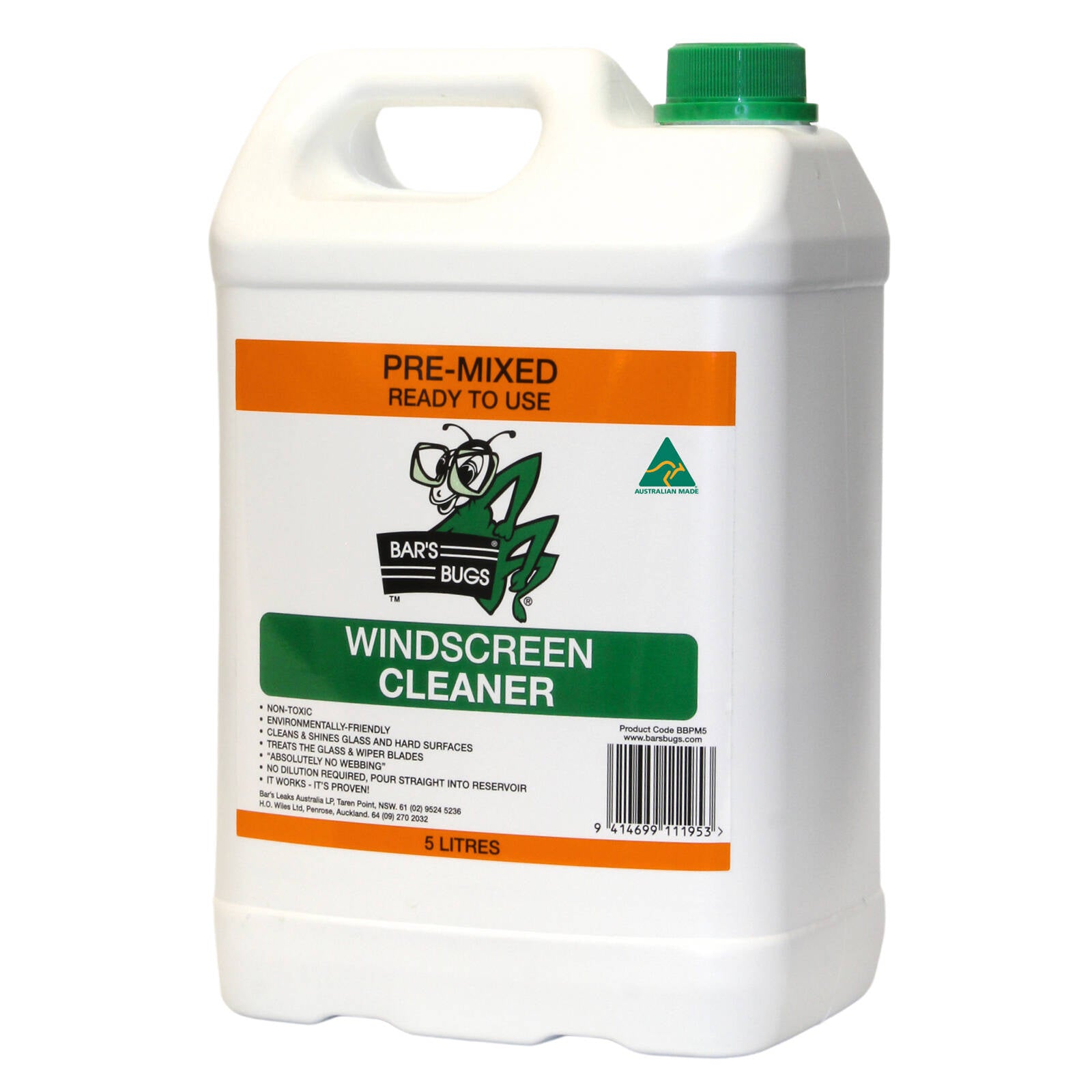 Bar's Bugs 5L Green Pre-Mix Windscreen Cleaner Ready to Use