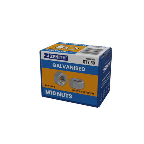 Zenith Hot Dip Galvanised Hex Nuts M10 50 Pack 4.6 Grade Steel Durable - SuperSaverAU - view 1