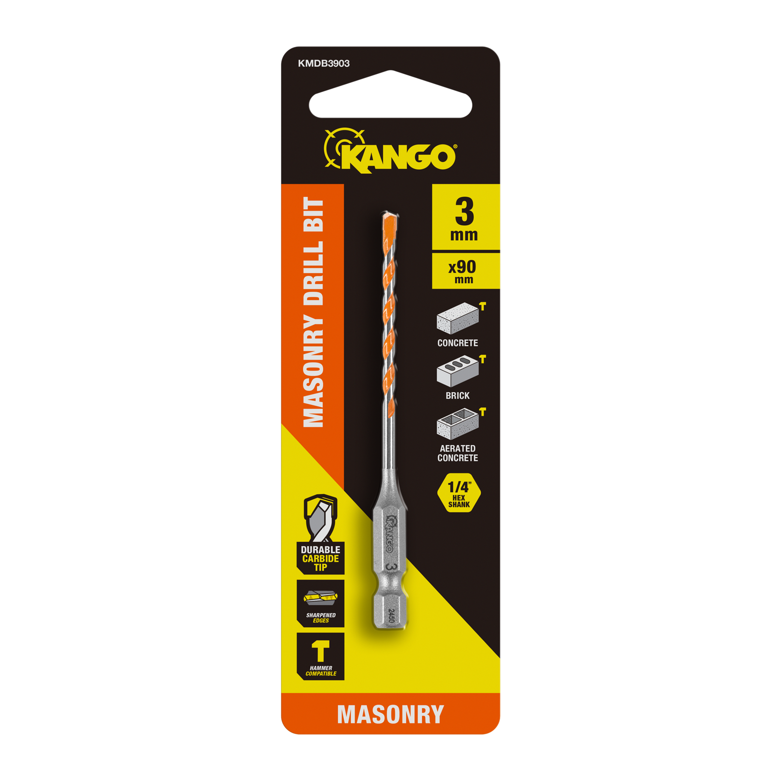 Kango 3 x 90mm Masonry Drill Bit - 1/4" Hex Carbide Tip for Concrete & Brick
