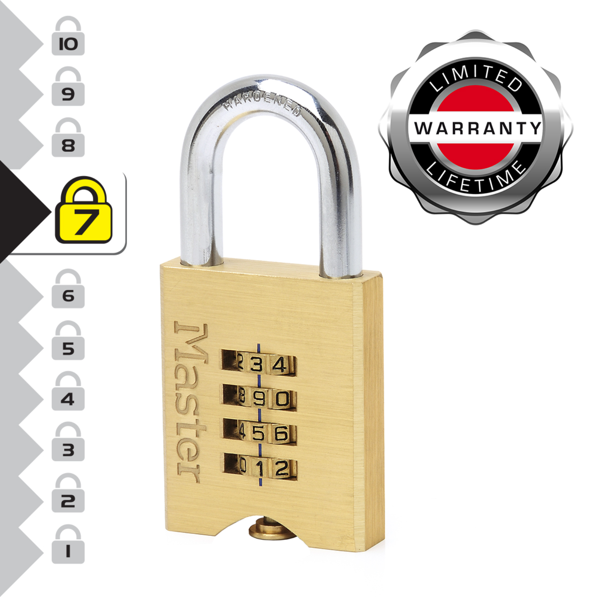 Master Lock 50mm Brass Resettable Combination Padlock - Hardened Steel Shackle, 4-Dial