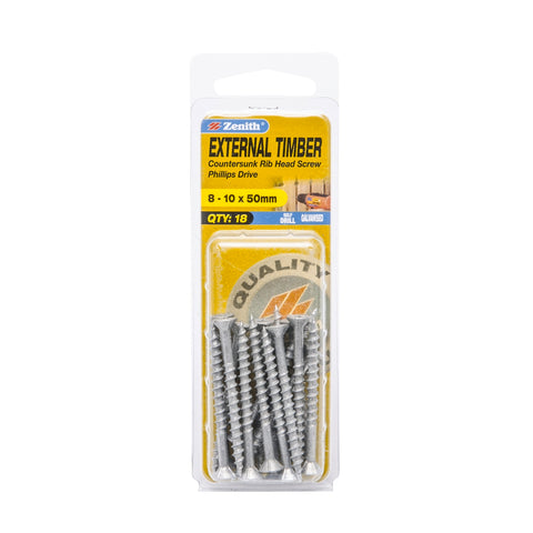 Zenith 8-10 x 50mm Galvanised Countersunk Rib Head External Timber Screws - 18 Pack