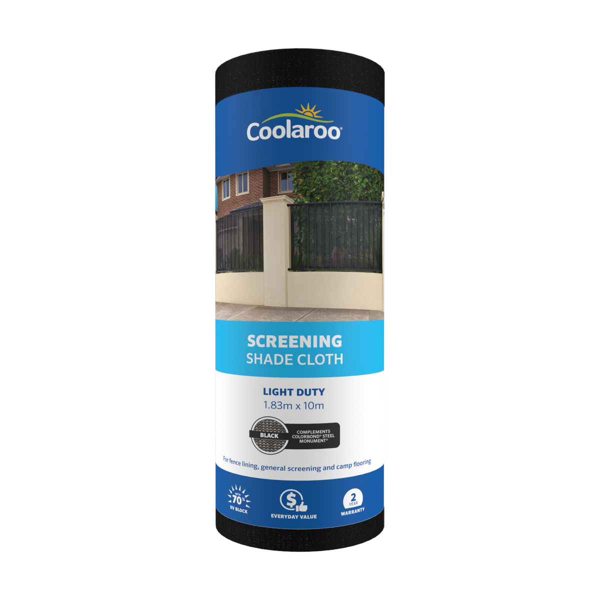 Coolaroo Light Duty Screening Shade Cloth 1.83 x 10m, Black HDPE, 70% UV Block