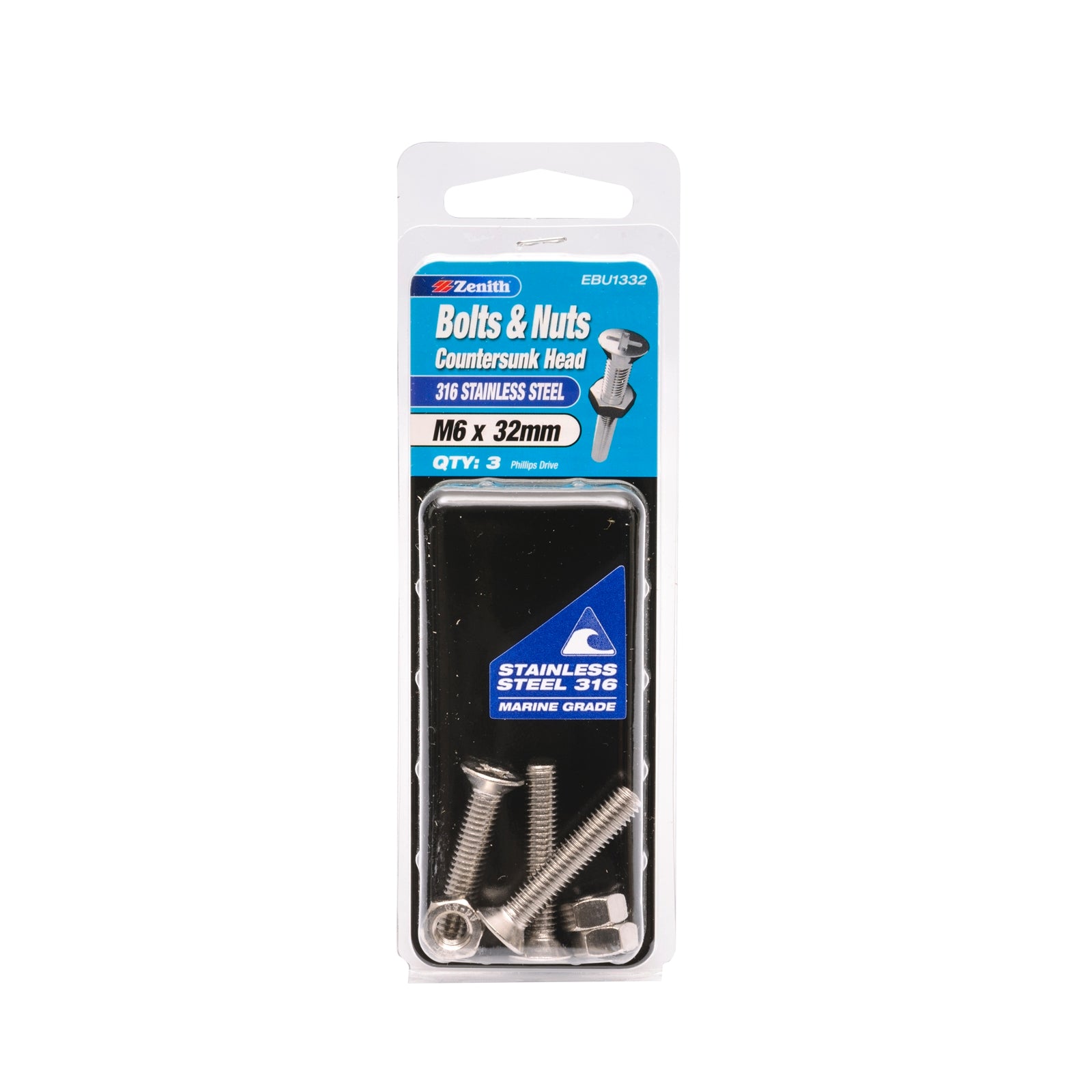 Zenith M6 x 32mm 316 Stainless Steel Countersunk Head Bolt and Nut 3 Pack