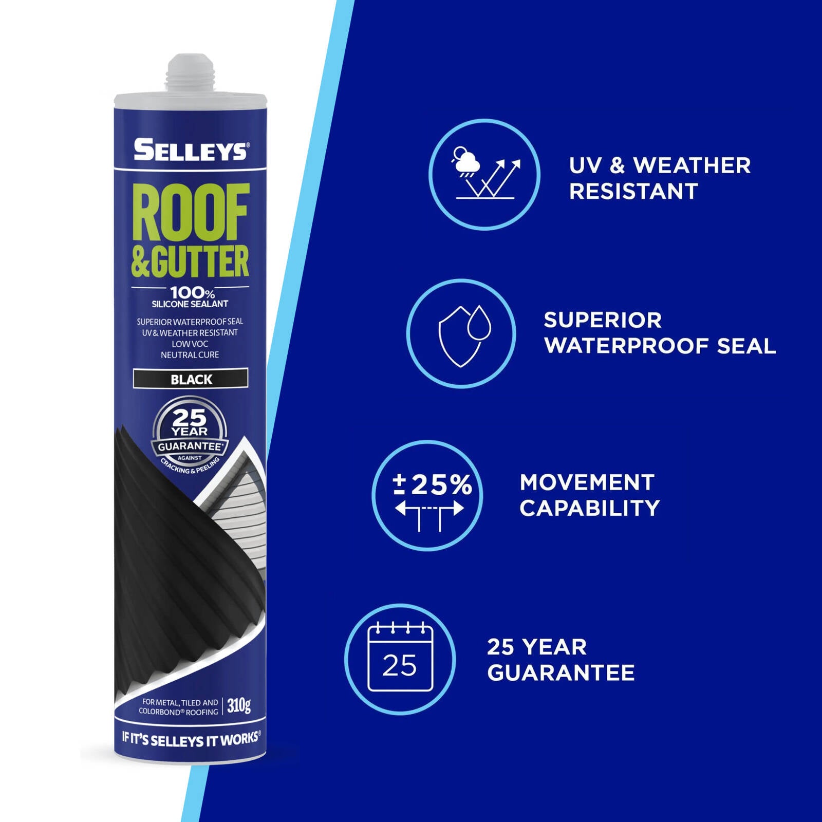 Selleys Roof & Gutter Silicone Sealant 310g Black UV Resistant
