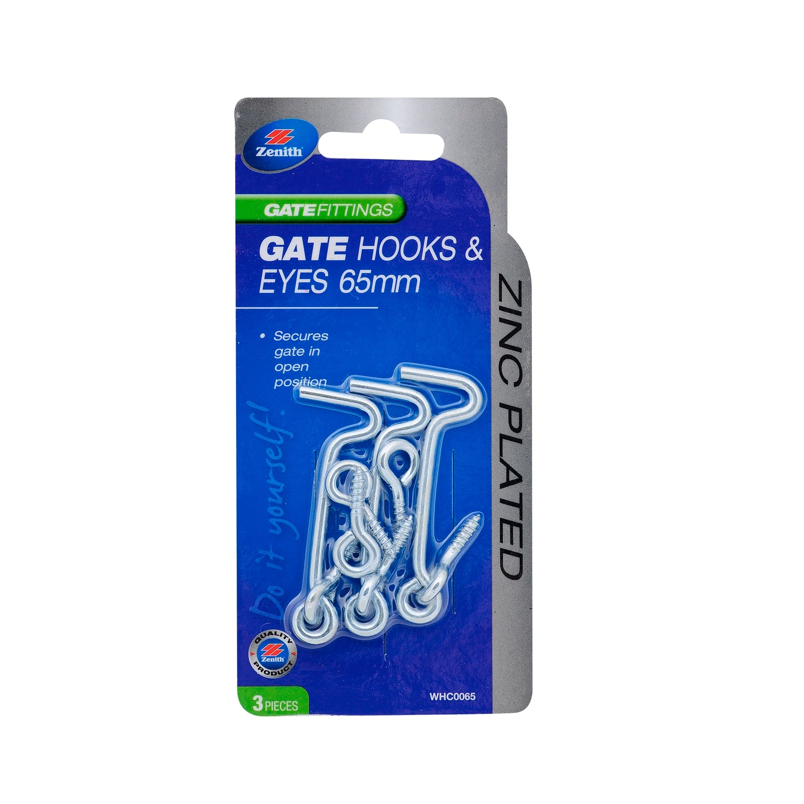 Zenith 65mm Zinc Plated Steel Gate Hook and Eyes - 3 Pack