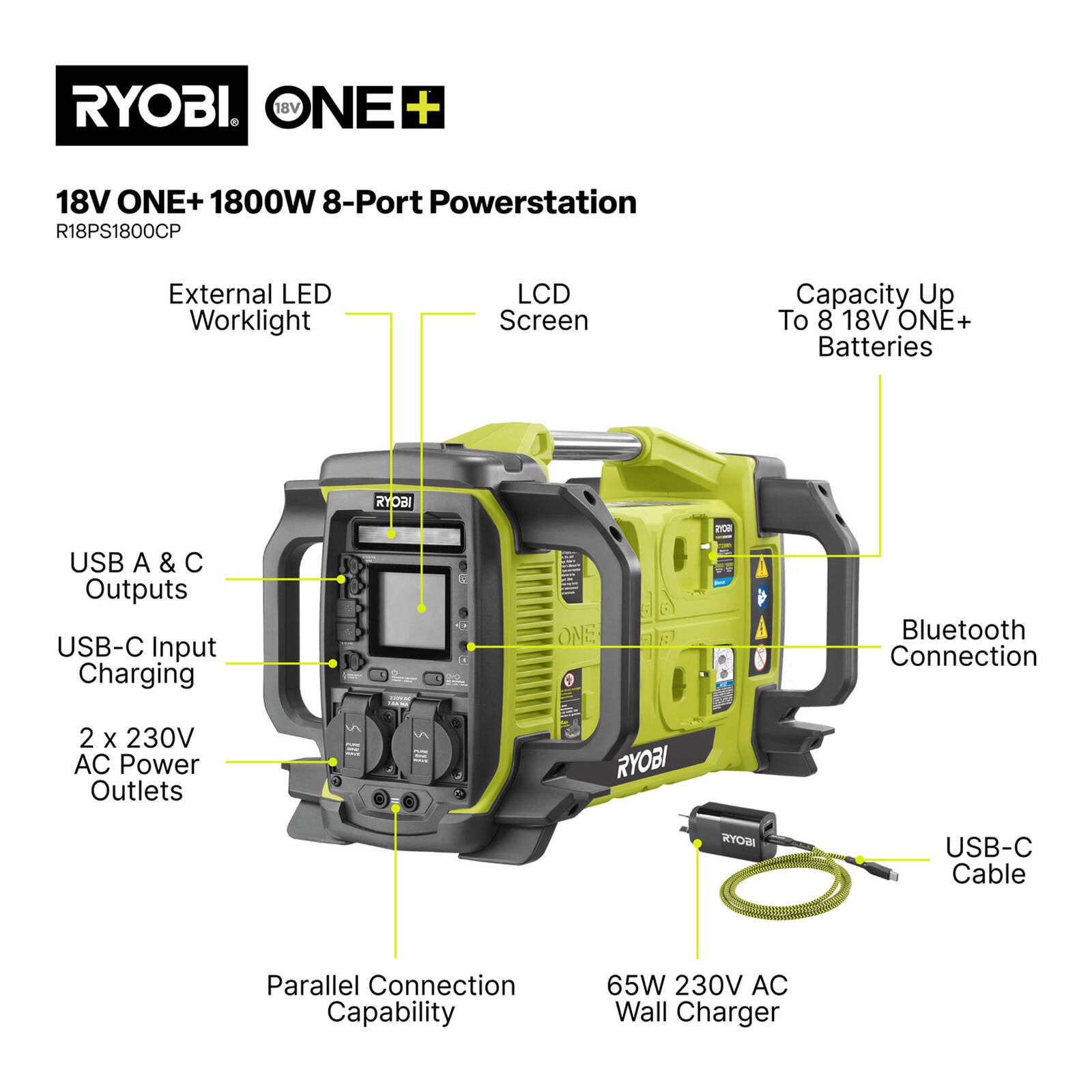 Ryobi 18V ONE+ 1800W Powerstation R18PS1800CP - Portable Inverter (Tool Only)
