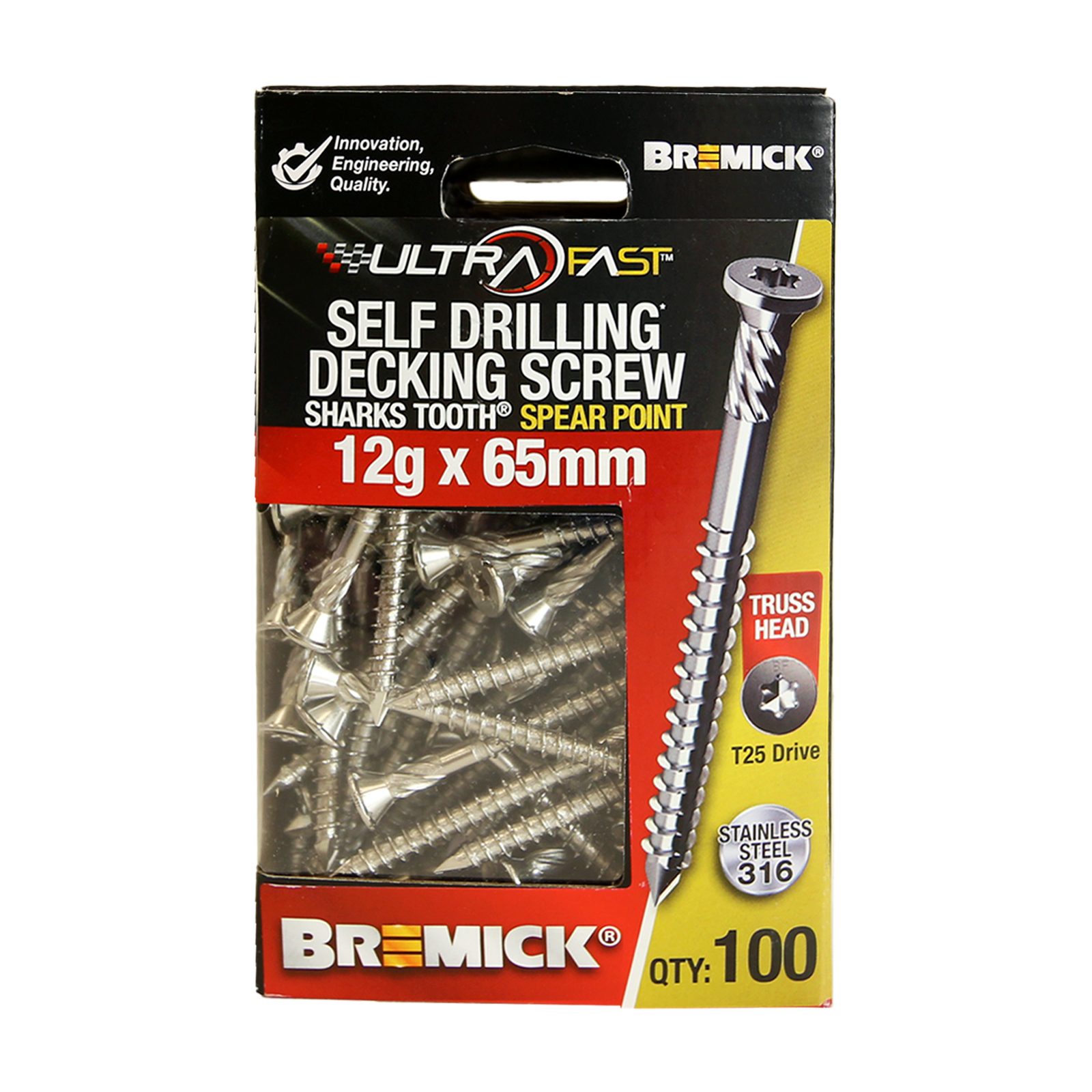 Bremick UltraFast 12g x 65mm 316 Stainless Steel T25 Truss Head Decking Screw - 100 Pack