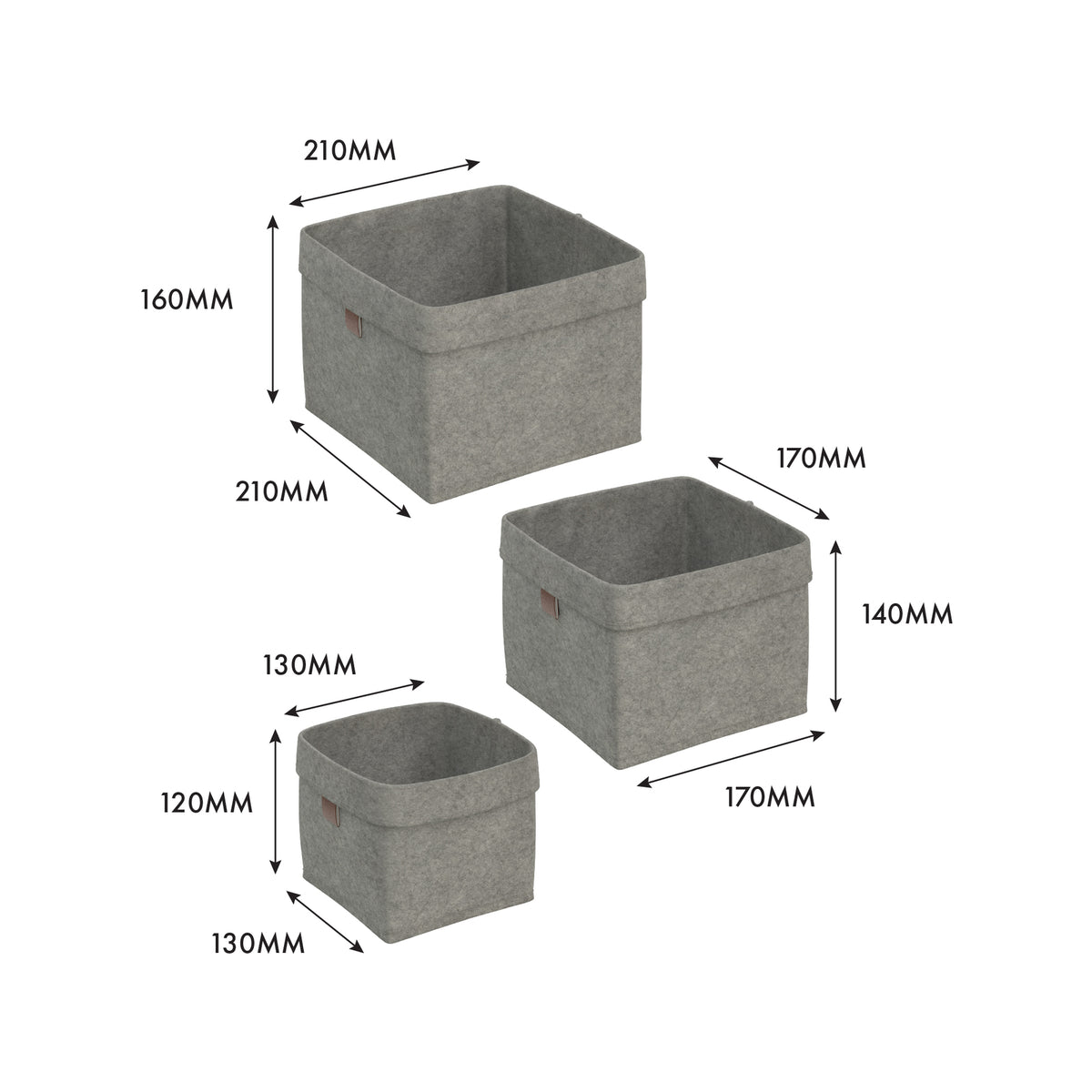 Flexi Storage Living 7L Light Grey Square Felt Baskets - Set of 3, Stackable