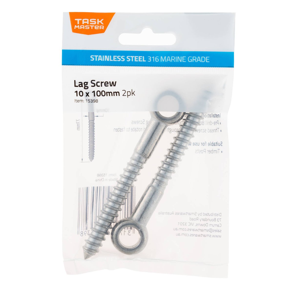 Taskmaster 10mm 316 Stainless Steel Lag Screw - 2 Pack