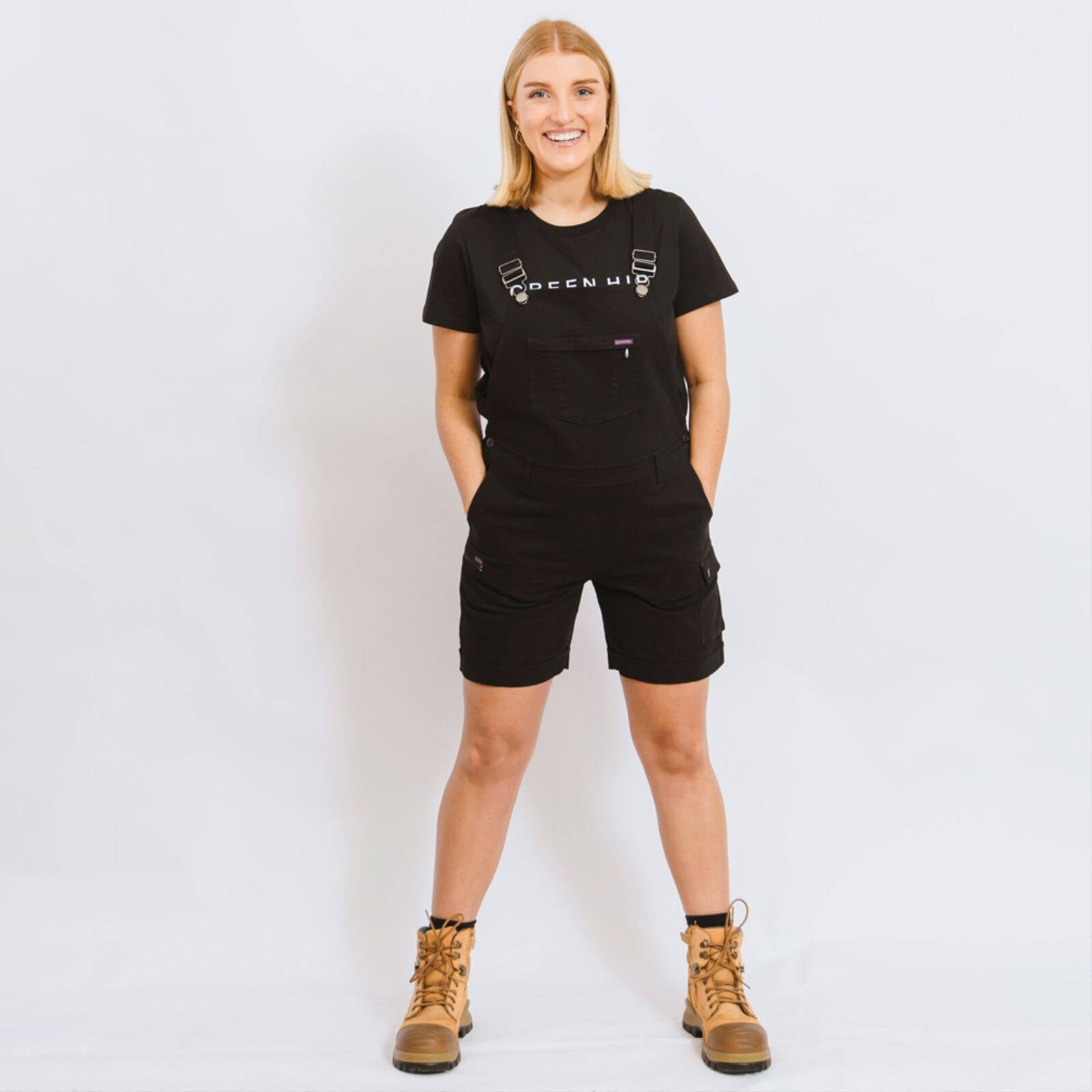 Green Hip All Women Shortalls Black Size 8 Cotton Drill with Cargo Pocket