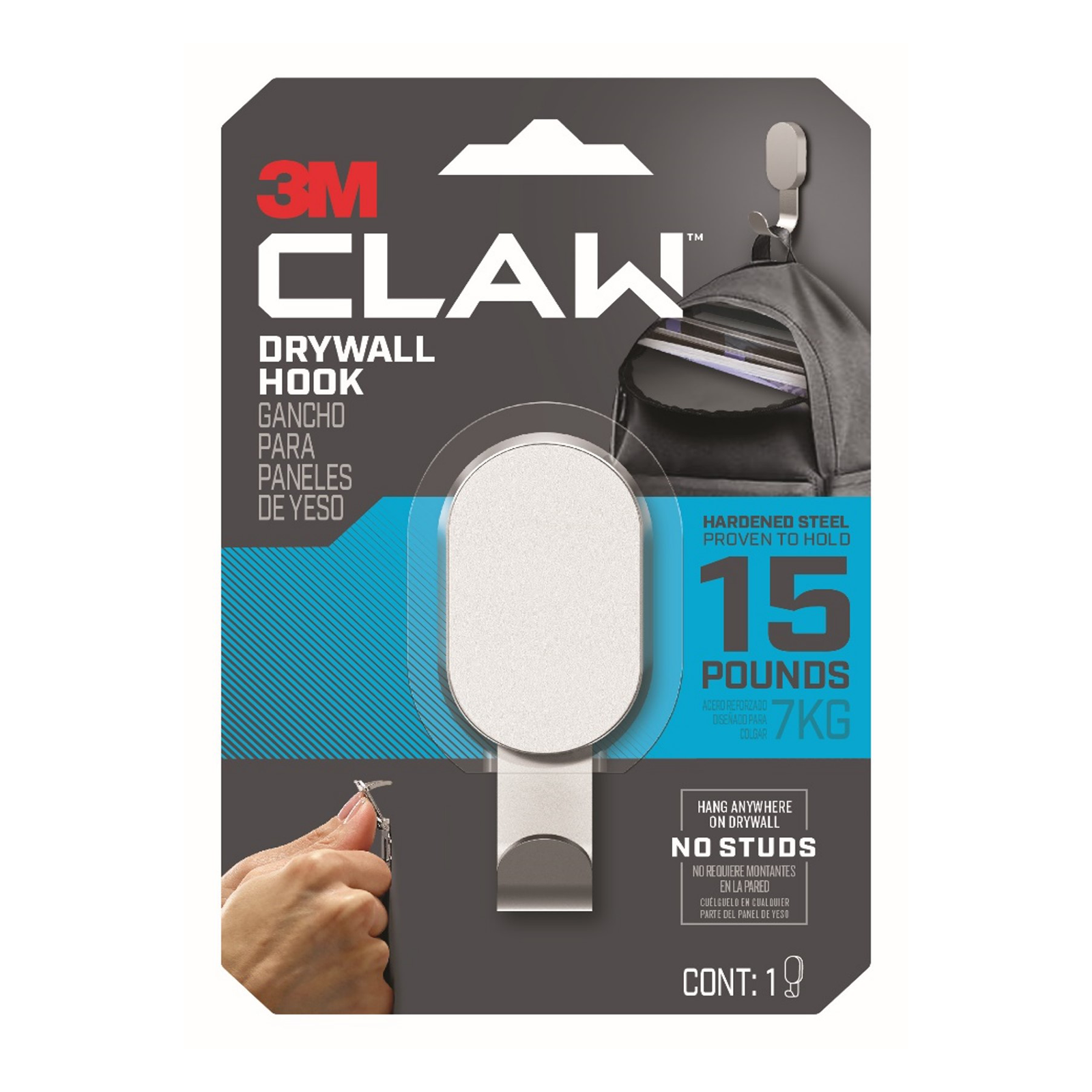 3M CLAW Plasterboard Wall Hook 7kg Silver Tool-Free Picture Hanger