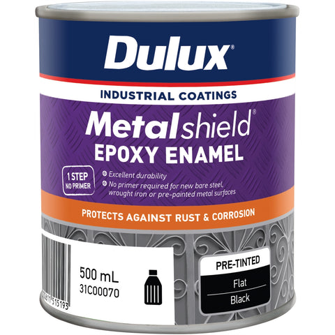 Dulux Metalshield Epoxy Enamel Flat Paint 500mL Black - UV & Splatter Resistant Metal Topcoat